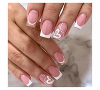 Unghie Finte 24Pcs Nude White French Fake Nail Short Square Nail Tips Fashion Wearable False Nails with Glue Simple Full Cover Press on Nails(Color6)
