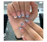 Unghie Finte 24Pcs Nude White French Fake Nail Short Square Nail Tips Fashion Wearable False Nails with Glue Simple Full Cover Press on Nails(Color7)