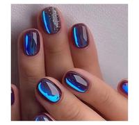 Unghie Finte 24pcs Short Round False Nails French Blue Sparkling Pearl White Wavy Love Heart Full Cover Detachable Press On Nail Tips(Color10)