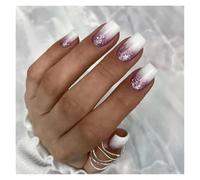 Unghie Finte 24pcs Short Round False Nails French Blue Sparkling Pearl White Wavy Love Heart Full Cover Detachable Press On Nail Tips(Color12)