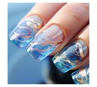 Unghie Finte 24pcs Short Round False Nails French Blue Sparkling Pearl White Wavy Love Heart Full Cover Detachable Press On Nail Tips(Color9)