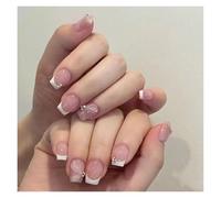 Unghie Finte 24pcs Short Round False Nails French Blue Sparkling Pearl White Wavy Love Heart Full Cover Detachable Press On Nail Tips(Color3)