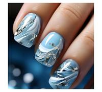 Unghie Finte 24pcs Short Round False Nails French Blue Sparkling Pearl White Wavy Love Heart Full Cover Detachable Press On Nail Tips(Color4)