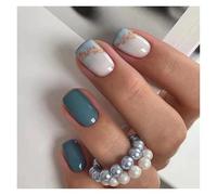 Unghie Finte 24pcs Short Round False Nails French Blue Sparkling Pearl White Wavy Love Heart Full Cover Detachable Press On Nail Tips(Color26)