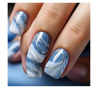 Unghie Finte 24pcs Short Round False Nails French Blue Sparkling Pearl White Wavy Love Heart Full Cover Detachable Press On Nail Tips(Color22)
