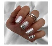 Unghie Finte 24pcs Short Round False Nails French Blue Sparkling Pearl White Wavy Love Heart Full Cover Detachable Press On Nail Tips(Color32)