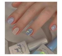 Unghie Finte 24pcs Short Round False Nails French Blue Sparkling Pearl White Wavy Love Heart Full Cover Detachable Press On Nail Tips(Color1)