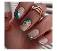Unghie Finte 24pcs Short Round False Nails French Blue Sparkling Pearl White Wavy Love Heart Full Cover Detachable Press On Nail Tips(Color11)