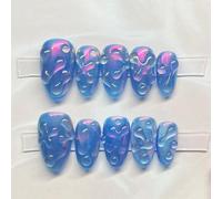 Unghie finte 3D a pressione, a mandorla, corte, decorazione per nail art, colore blu a specchio, per donne e ragazze, 24 pezzi