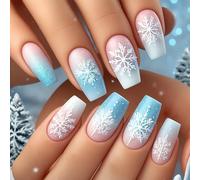 Unghie finte a forma di bara a forma di fiocco di neve, corte, quadrate, glitterate, set con applicatore e pinzette, per manicure lucida con sfumatura blu gelido e rosa, per feste, Natale