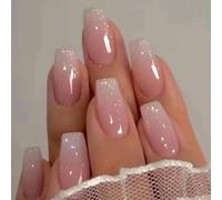 Unghie finte a forma di bara di medie dimensioni, 24 pezzi, colore rosa sfumato con design scintillante, unghie finte in acrilico, unghie finte adesive per donne e ragazze