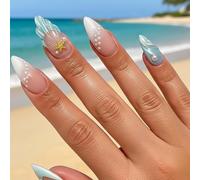 Unghie finte a forma di mandorla con design 3D a forma di conchiglia e stella marina, colore blu e bianco, in ABS lucido, copertura completa, in 12 misure, per donne, manicure a punta lunga con