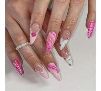 Unghie finte a forma di mandorla corta, con strass e perle, a forma di cuore, decorazione per nail art, per donne e ragazze, 24 pezzi