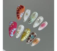 Unghie finte a forma di mandorla corte, fatte a mano, a pressione, a forma di stelle, decorazione per nail art, colorate, per donne e ragazze, 10 pezzi (A72-S)