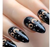 Unghie finte a forma di mandorla, lucide, a pressione, con gatti neri, 24 pezzi, per nail art da donna