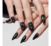 Unghie finte a forma di mandorla media, realizzate a mano, in gel nero, con colla a spillo corto, lucido, riutilizzabile, con finitura UV, unghie finte in acrilico, kit per manicure da donna