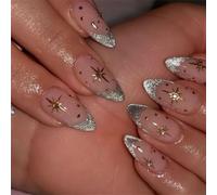 Unghie finte a pressione, a forma di mandorla, con stelle, diamanti, decorazione per nail art, per donne e ragazze, 24 pezzi