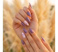 Unghie finte a pressione a mandorla media, corte, in acrilico, con design a fiocco, colore viola sfumato, glitterate, quadrate, sfumate, fatte a mano, con punta francese, per donne