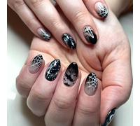 Unghie finte a pressione, a mandorla, per Halloween, con ragnatela, pipistrello, luna, cristallo, 24 pezzi, unghie finte corte con colla