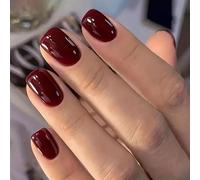 Unghie finte a pressione, colore rosso vino, lucide, con punte francesi, stile quadrato corto, per donne e ragazze, decorazioni per nail art e manicure incluse