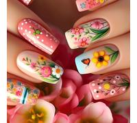 Unghie finte a pressione con fiori a molla per balletto, lucide, motivi floreali, coperture complete, unghie finte adesive 24 pezzi