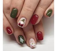 Unghie finte a pressione con gnomo natalizio e pupazzo di neve, rosse e verdi, corte, quadrate, con disegni di alberi invernali, 24 pezzi, riutilizzabili, in acrilico, per donne, look per feste