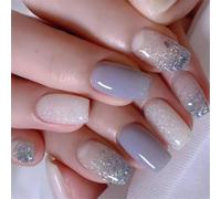 Unghie finte a pressione, con paillettes, per nail art, colore a blocchi di colore, lucide, per donne e ragazze, 24 pezzi