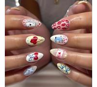 Unghie finte a pressione, corte, a pressione, 24 pezzi, a forma di mandorla con cuore e fiocco fragola, copertura completa, punta francese, per donne, facile manicure fai da te