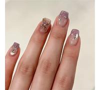 Unghie finte a pressione, corte, quadrate, glitterate, floreali, per nail art, colore viola, sfumate, per donne e ragazze, 24 pezzi