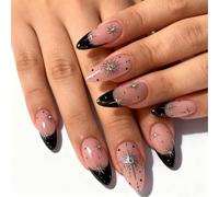 Unghie finte a pressione, medie dimensioni a mandorla NaIls con stelle e diamanti, design leggero, per donne, riutilizzabili, eleganti unghie French Touch per fai da te a casa, in uno studio di unghie