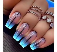 Unghie finte a pressione, quadrate, linea elegante, decorazione per nail art, blu, per donne e ragazze, 24 pezzi