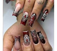 Unghie finte a pressione rosse gotiche - Unghie finte lunghe fatte a mano con motivo ragnatela, set di unghie artificiali per donne