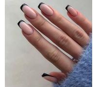 Unghie finte a punta francese, 24 pezzi, corte e quadrate, con bordo nero, rosa nudo con colla, riutilizzabili, in acrilico lucido, copertura completa, punta francese, unghie adesive per donne,