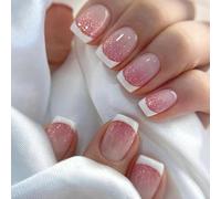Unghie finte a punta francese, 24 pezzi, corte e quadrate, con bordo nero, rosa nudo con colla, riutilizzabili, in acrilico lucido, copertura completa, punta francese, unghie adesive per donne,