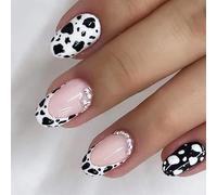 Unghie finte a punta francese, 24 pezzi, corte e quadrate, con bordo nero, rosa nudo con colla, riutilizzabili, in acrilico lucido, copertura completa, punta francese, unghie adesive per donne,