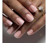 Unghie finte a punta francese, 24 pezzi, corte e quadrate, con bordo nero, rosa nudo con colla, riutilizzabili, in acrilico lucido, copertura completa, punta francese, unghie adesive per donne,