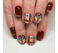Unghie finte a scacchi ispirate alla Turchia, corte e quadrate, in ABS, per festa del Ringraziamento, bel design festivo, a scacchi, stampa sulle unghie