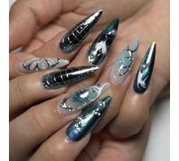 Unghie finte a stiletto lungo, eleganti decorazioni per nail art color argento metallizzato, stile punk, per donne e ragazze, 24 pezzi
