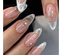 Unghie finte a stiletto lungo, rosa nude, glitter argento, 1 set, finitura lucida, pietra trasparente e dettagli dorati, manicure coordinata per eventi formali, celebrazioni e styling della casa
