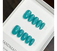 Unghie finte adesive ovali nuove per l'estate, con design di colore blu oceano solido, fatto a mano Blocchi di colore,Colore unico,PianteABS