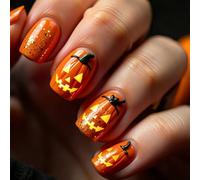 Unghie Finte Adesive per Halloween, corte, con Zucche 3D, Tema Autunnale | 24 pezzi Unghie finte corte con zucche spettrali - Unghie adesive a copertura totale per una manicure da festa facile