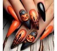 Unghie finte alla mandorla elegante accessorio per feste di Halloween lucido zucca arte luce lunga usura unghie valorizzazione 24 pezzi unghie finte lunghe mandorle