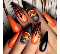 Unghie finte alla moda tema Halloween elegante punta a mandorla spettrale zucca arte durata confortevole unghie finte per tutti i giorni