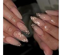 Unghie finte Autunno Gleaming Fiore Stampa a Goccia Media Lunghezza Premere sulle Unghie 24 Pezzi Unghie Artificiali Riutilizzabili Glitter Faux Nail Kit