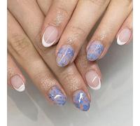 Unghie finte bianche con punta francese con design floreale blu e brillante lucido set da 24 pezzi per ragazze donne vacanza uso quotidiano zoccoli corti ovali lisci frode