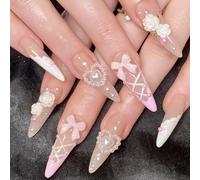 Unghie finte con punta francese - 24 pezzi di unghie finte lunghe - Unghie finte lunghe a forma di bara, eleganti e di lusso(Almond White Ballet Heart)