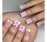 Unghie finte con punta francese - 24 pezzi rosa corte quadrate con fiocco 3D - 12 misure di unghie finte con colla - Copertura totale in acrilico lucido for nail art da donna e ragazza