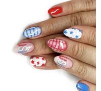 Unghie finte con punta francese, 4 luglio, con design patriottico, stampa su acrilico per celebrazione del giorno dell'indipendenza, kit per nail art