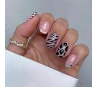 Unghie finte con punta francese e stampa leopardata - 24 unghie finte rosa corte e quadrate - 12 misure, unghie acriliche a copertura totale