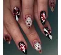 Unghie finte corte a mandorla per Halloween, da circo, clown, riutilizzabili, con strisce di sangue e viso fantasma, unghie adesive con colla, da donna, motivo a forma di diamante